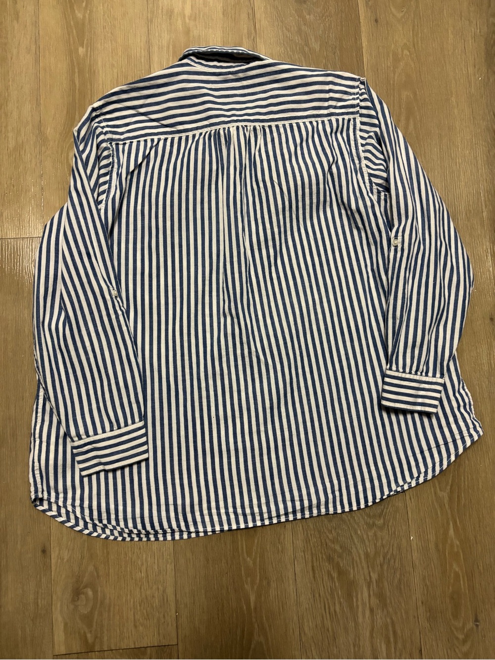 Lands' End Navy and White Vertical Stripe Men's Button-Down Shirt - Picture 4 of 5